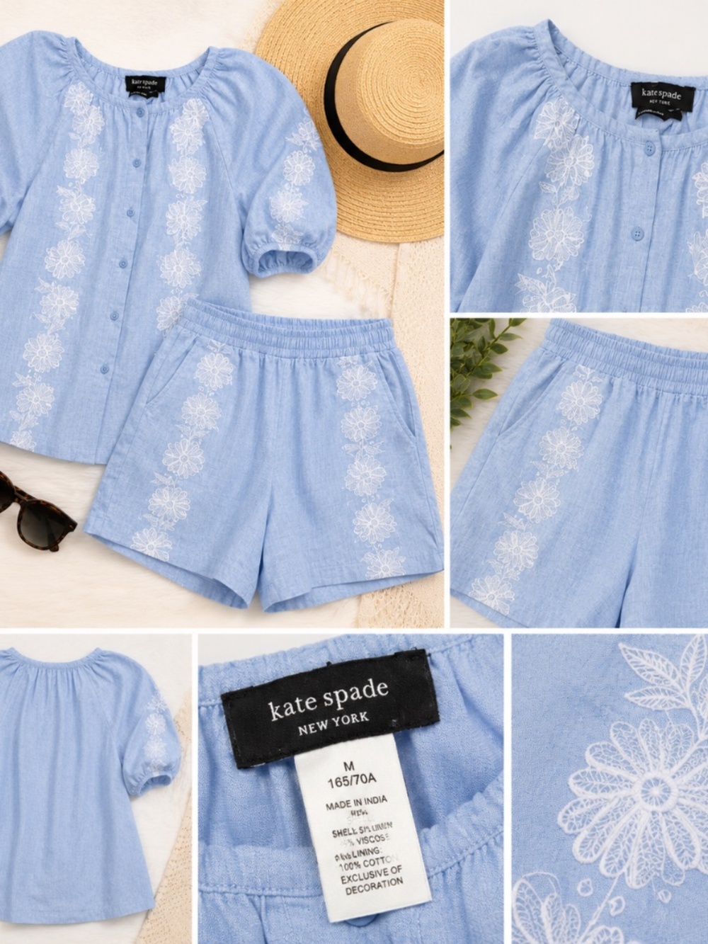 Kate Spade New York Linen Blend Embroidered Top & Shorts Set Blue White Floral - Picture 2 of 2